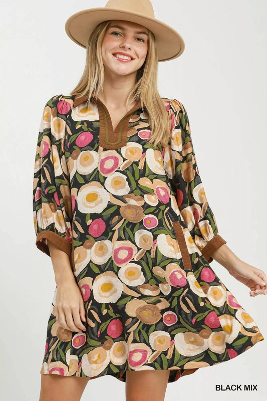 Umgee Mix Floral Contrast Trim Shift Mini Dress - Bitsy Gypsy Boutique