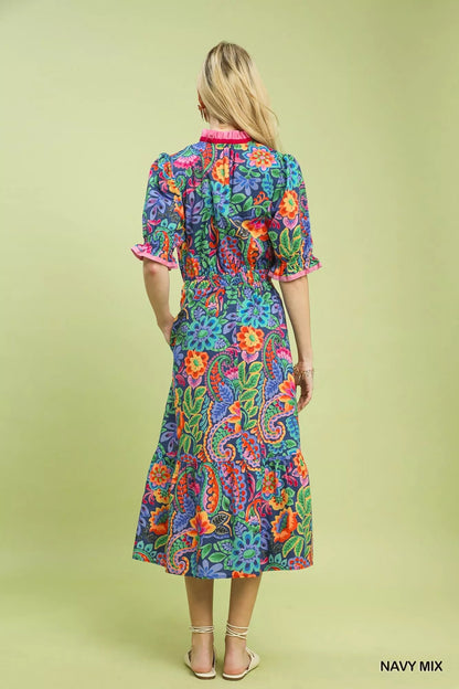 Umgee Mix Floral Midi Dress with Ruffle Trim - Bitsy Gypsy Boutique