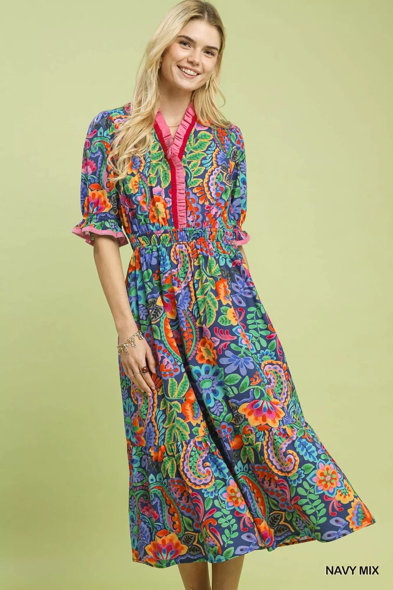 Umgee Mix Floral Midi Dress with Ruffle Trim - Bitsy Gypsy Boutique