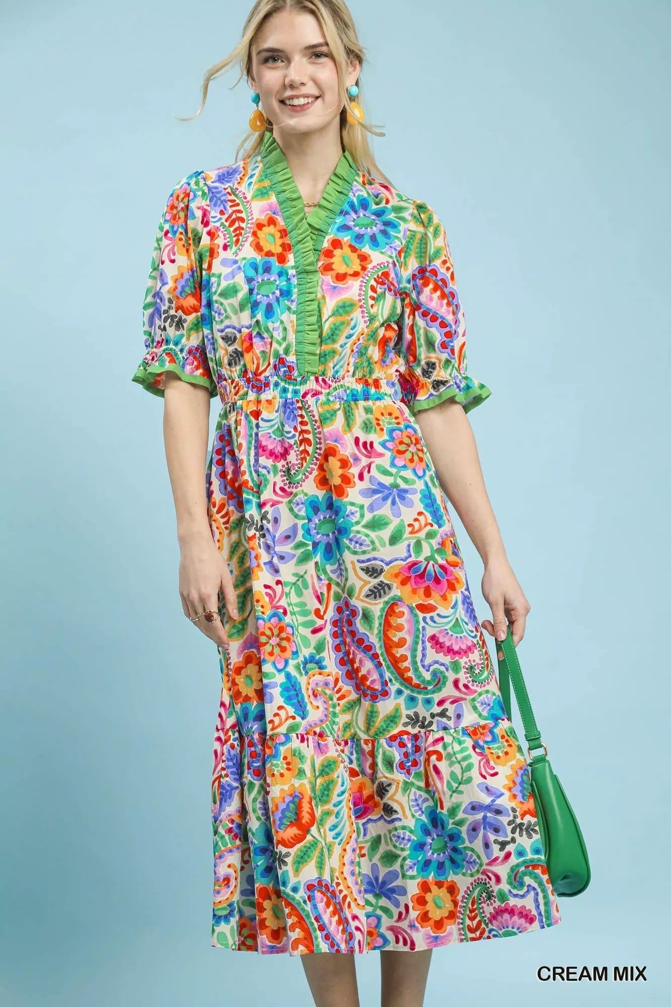 Umgee Mix Floral Midi Dress with Ruffle Trim - Bitsy Gypsy Boutique