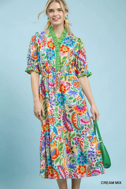 Umgee Mix Floral Midi Dress with Ruffle Trim - Bitsy Gypsy Boutique