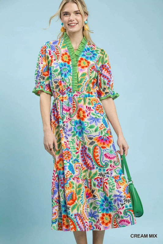 Umgee Mix Floral Midi Dress with Ruffle Trim - Bitsy Gypsy Boutique