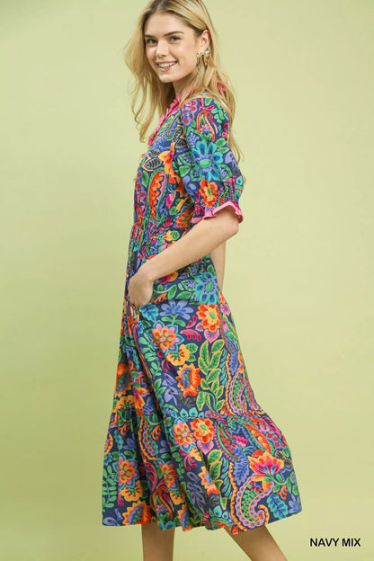 Umgee Mix Floral Midi Dress with Ruffle Trim - Bitsy Gypsy Boutique