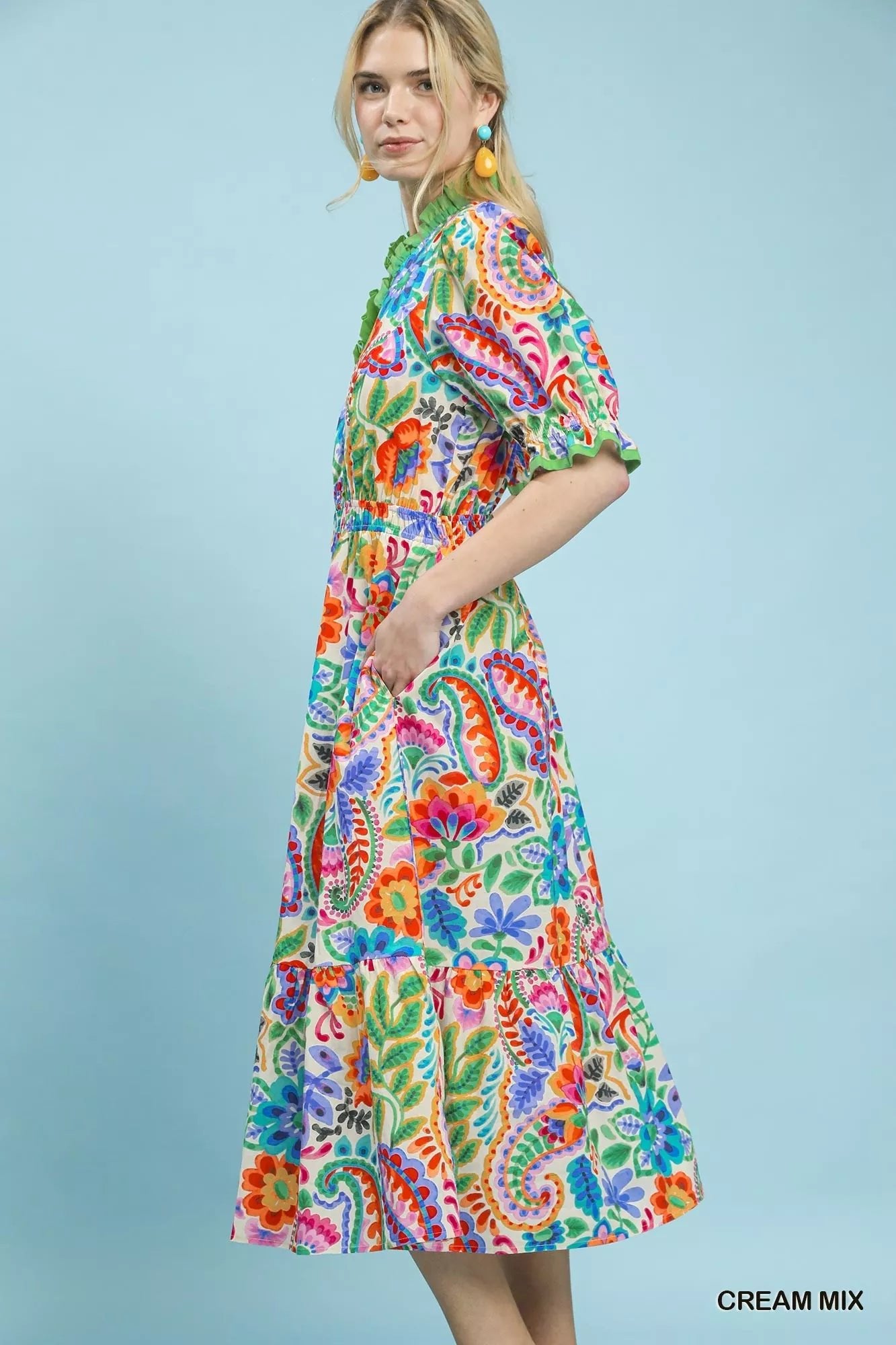 Umgee Mix Floral Midi Dress with Ruffle Trim - Bitsy Gypsy Boutique