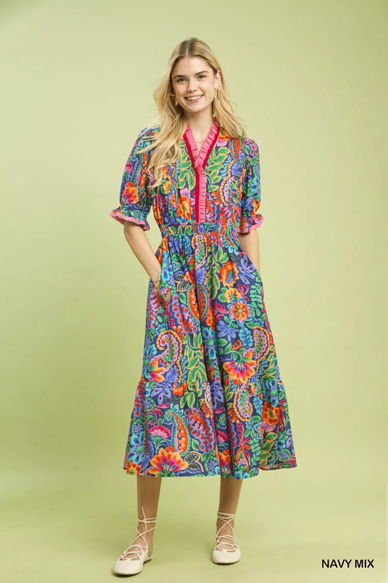 Umgee Mix Floral Midi Dress with Ruffle Trim - Bitsy Gypsy Boutique