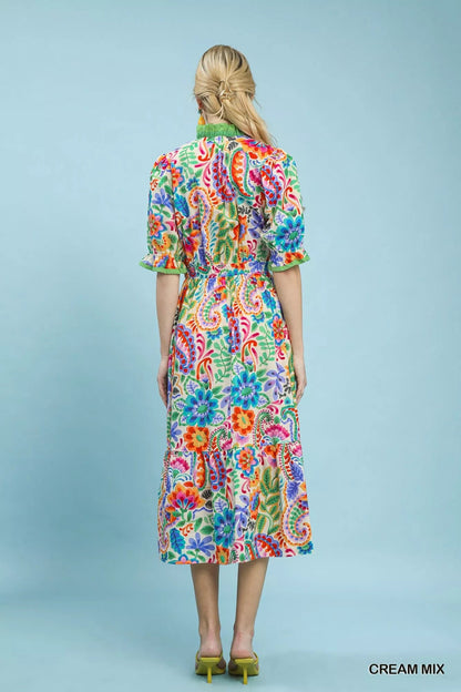 Umgee Mix Floral Midi Dress with Ruffle Trim - Bitsy Gypsy Boutique