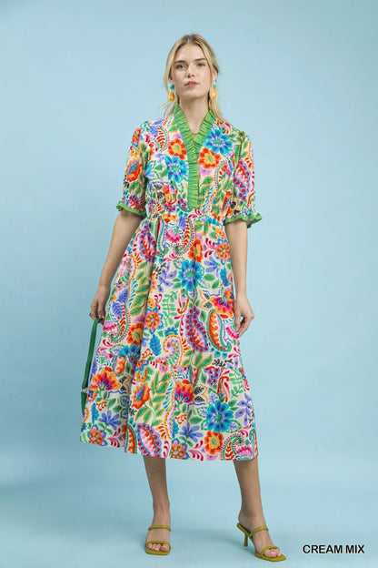 Umgee Mix Floral Midi Dress with Ruffle Trim - Bitsy Gypsy Boutique