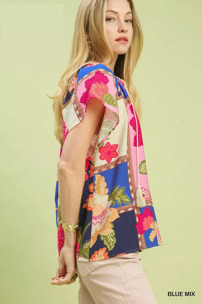 Umgee Mix Floral Patchwork Tassel Tie Top - Bitsy Gypsy Boutique