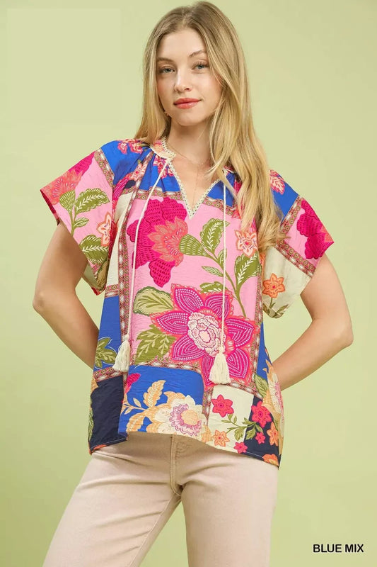 Umgee Mix Floral Patchwork Tassel Tie Top - Bitsy Gypsy Boutique