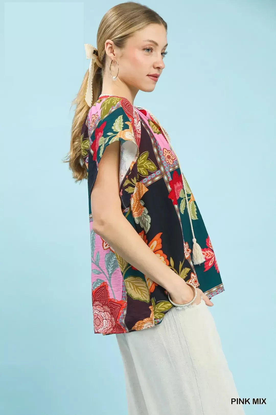 Umgee Mix Floral Patchwork Tassel Tie Top - Bitsy Gypsy Boutique