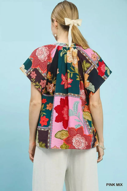 Umgee Mix Floral Patchwork Tassel Tie Top - Bitsy Gypsy Boutique