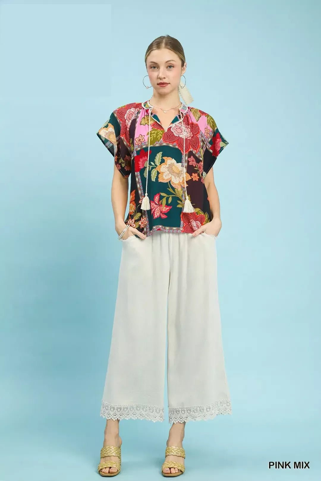 Umgee Mix Floral Patchwork Tassel Tie Top - Bitsy Gypsy Boutique