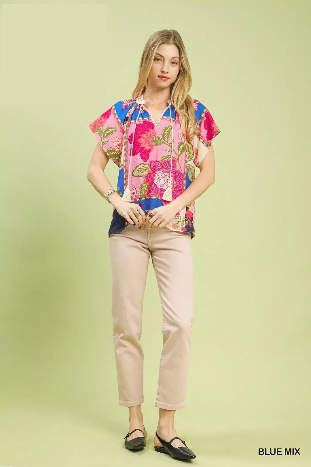 Umgee Mix Floral Patchwork Tassel Tie Top - Bitsy Gypsy Boutique