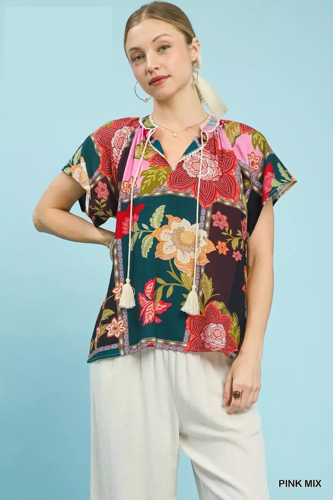 Umgee Mix Floral Patchwork Tassel Tie Top - Bitsy Gypsy Boutique