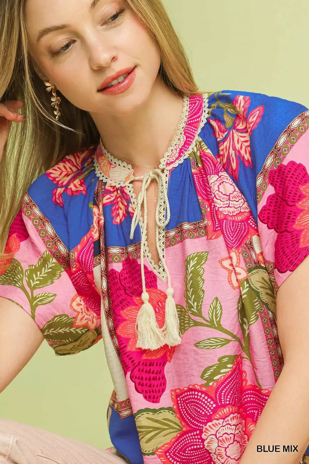 Umgee Mix Floral Patchwork Tassel Tie Top - Bitsy Gypsy Boutique