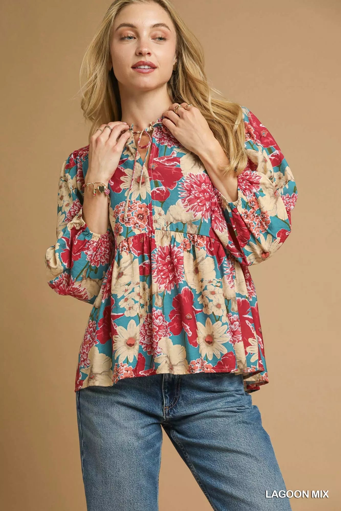 Umgee Mix Floral Peplum Blouse with Tie Neck - Bitsy Gypsy Boutique