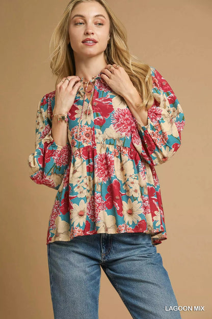 Umgee Mix Floral Peplum Blouse with Tie Neck - Bitsy Gypsy Boutique