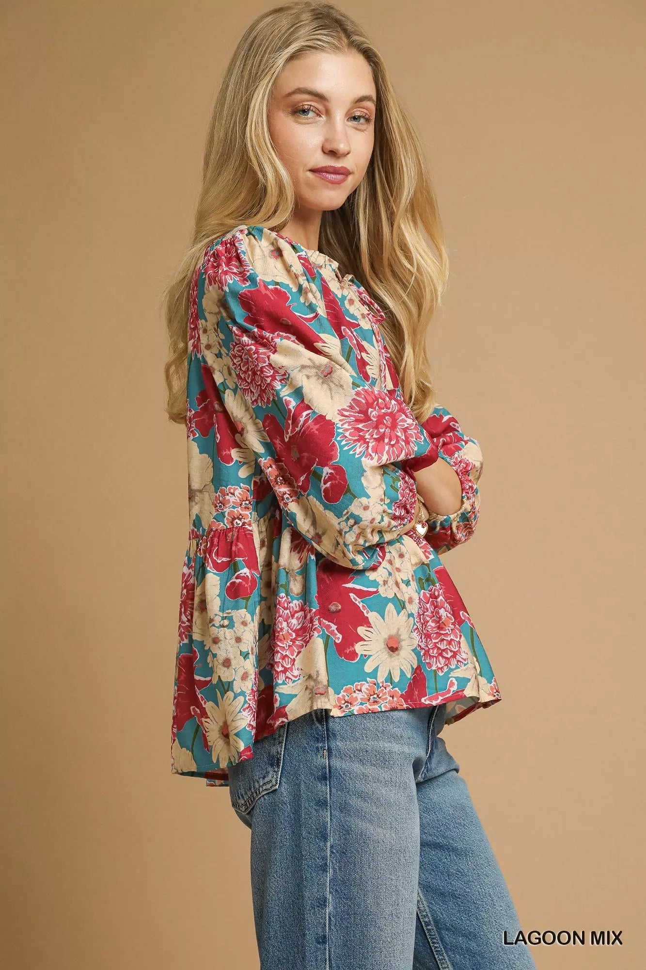Umgee Mix Floral Peplum Blouse with Tie Neck - Bitsy Gypsy Boutique