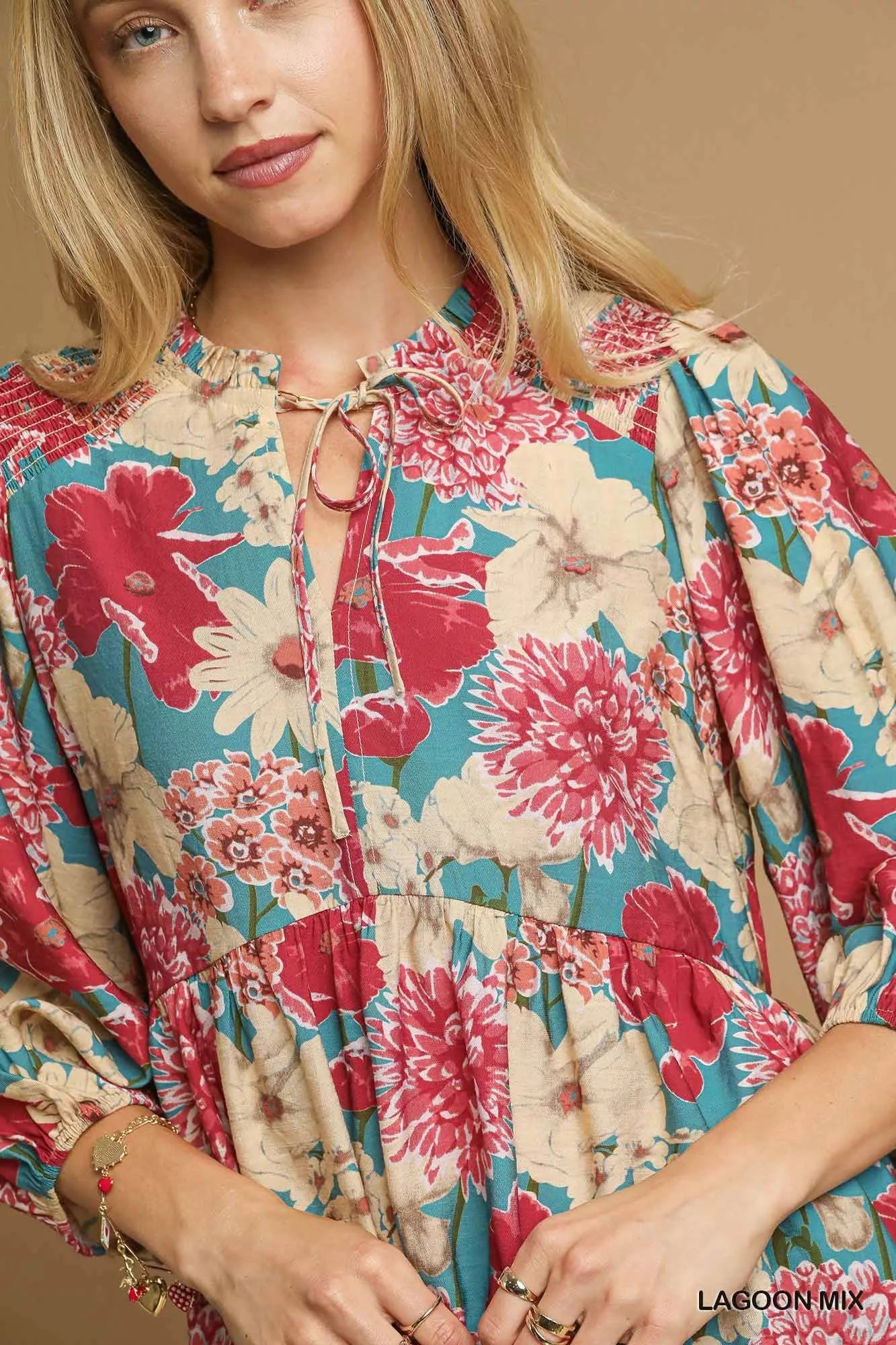 Umgee Mix Floral Peplum Blouse with Tie Neck - Bitsy Gypsy Boutique