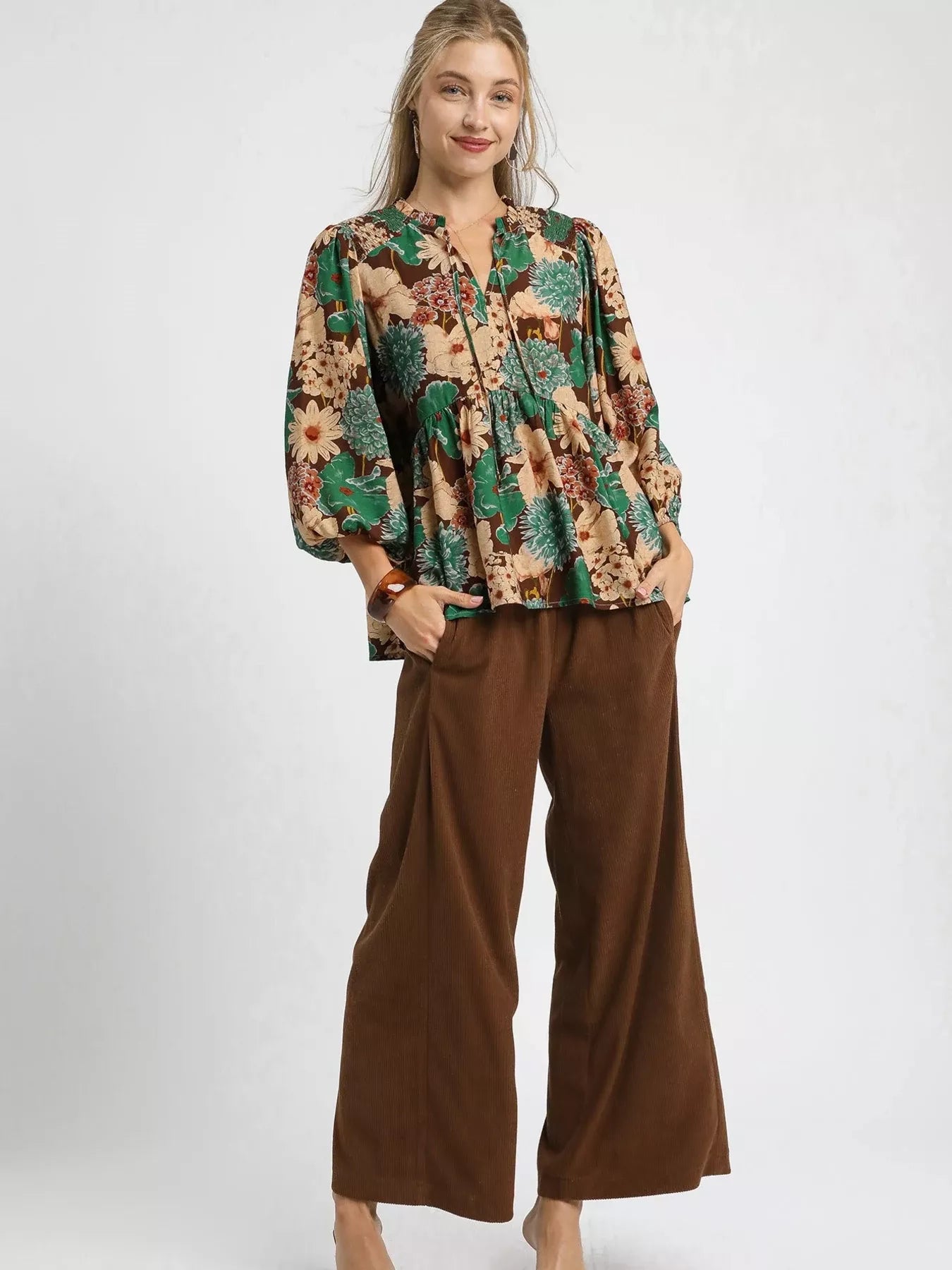 Umgee Mix Floral Peplum Blouse with Tie Neck - Bitsy Gypsy Boutique