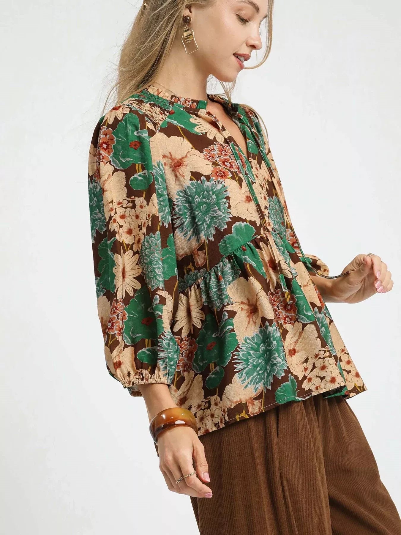 Umgee Mix Floral Peplum Blouse with Tie Neck - Bitsy Gypsy Boutique