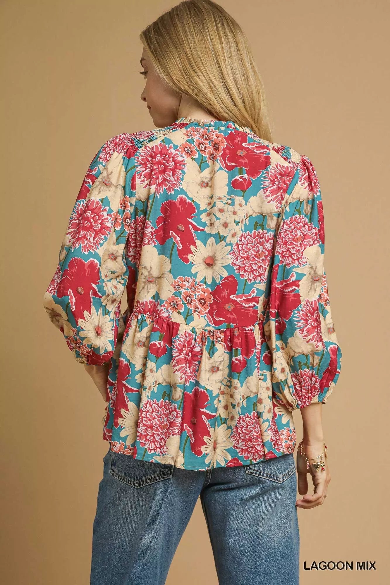 Umgee Mix Floral Peplum Blouse with Tie Neck - Bitsy Gypsy Boutique