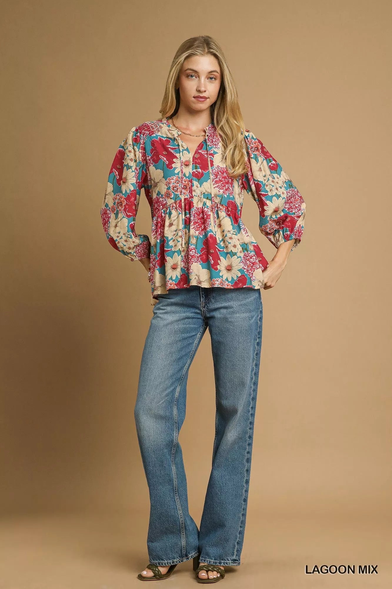 Umgee Mix Floral Peplum Blouse with Tie Neck - Bitsy Gypsy Boutique