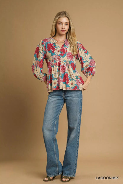 Umgee Mix Floral Peplum Blouse with Tie Neck - Bitsy Gypsy Boutique