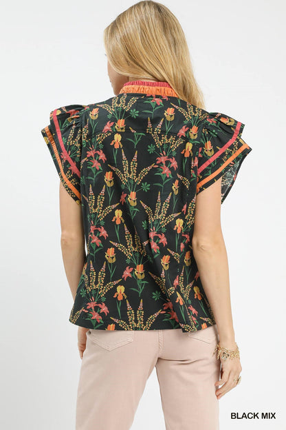 Umgee Mix Floral Print Blouse with Contrast Trim - Bitsy Gypsy Boutique