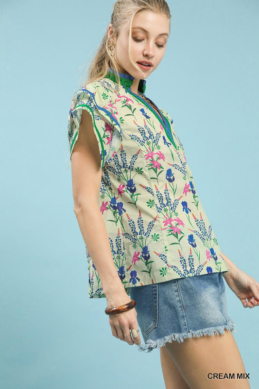 Umgee Mix Floral Print Blouse with Contrast Trim - Bitsy Gypsy Boutique