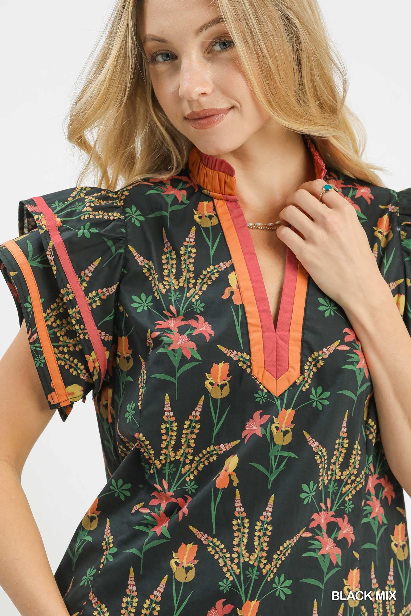 Umgee Mix Floral Print Blouse with Contrast Trim - Bitsy Gypsy Boutique