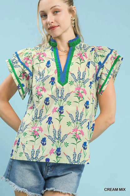 Umgee Mix Floral Print Blouse with Contrast Trim - Bitsy Gypsy Boutique