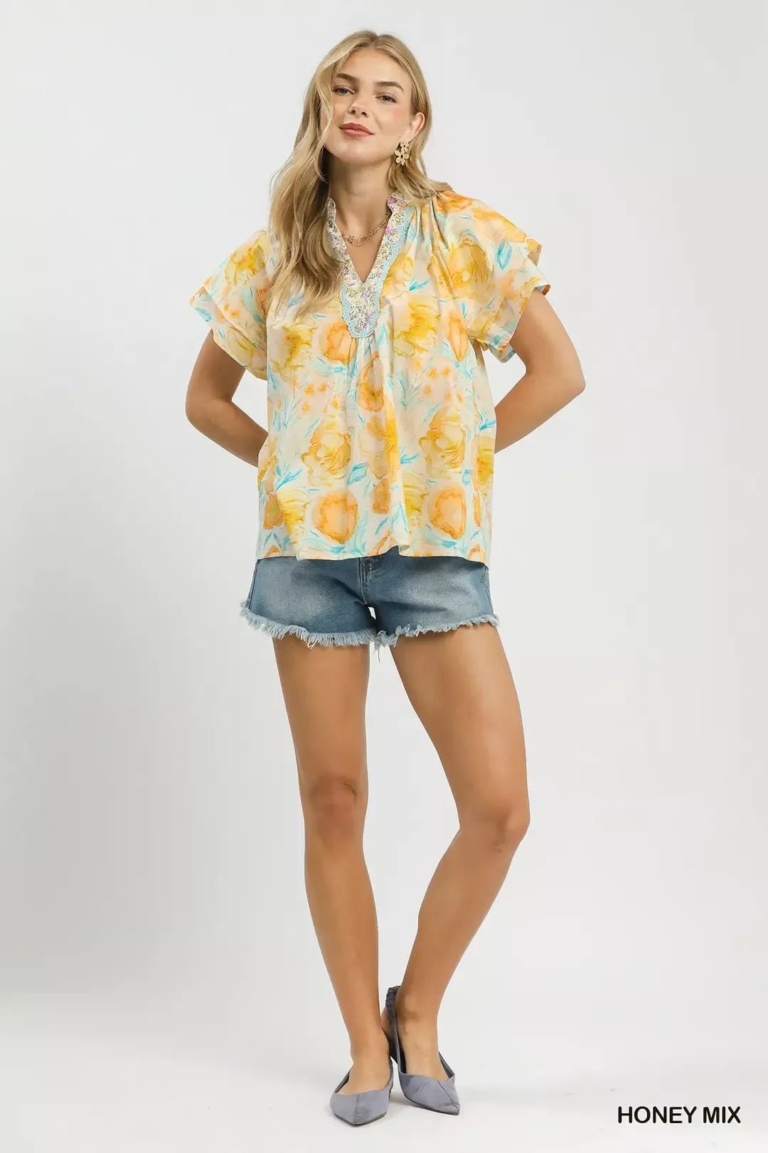Umgee Mix Floral Print Blouse with Crochet Lace Trim - Bitsy Gypsy Boutique