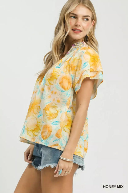 Umgee Mix Floral Print Blouse with Crochet Lace Trim - Bitsy Gypsy Boutique
