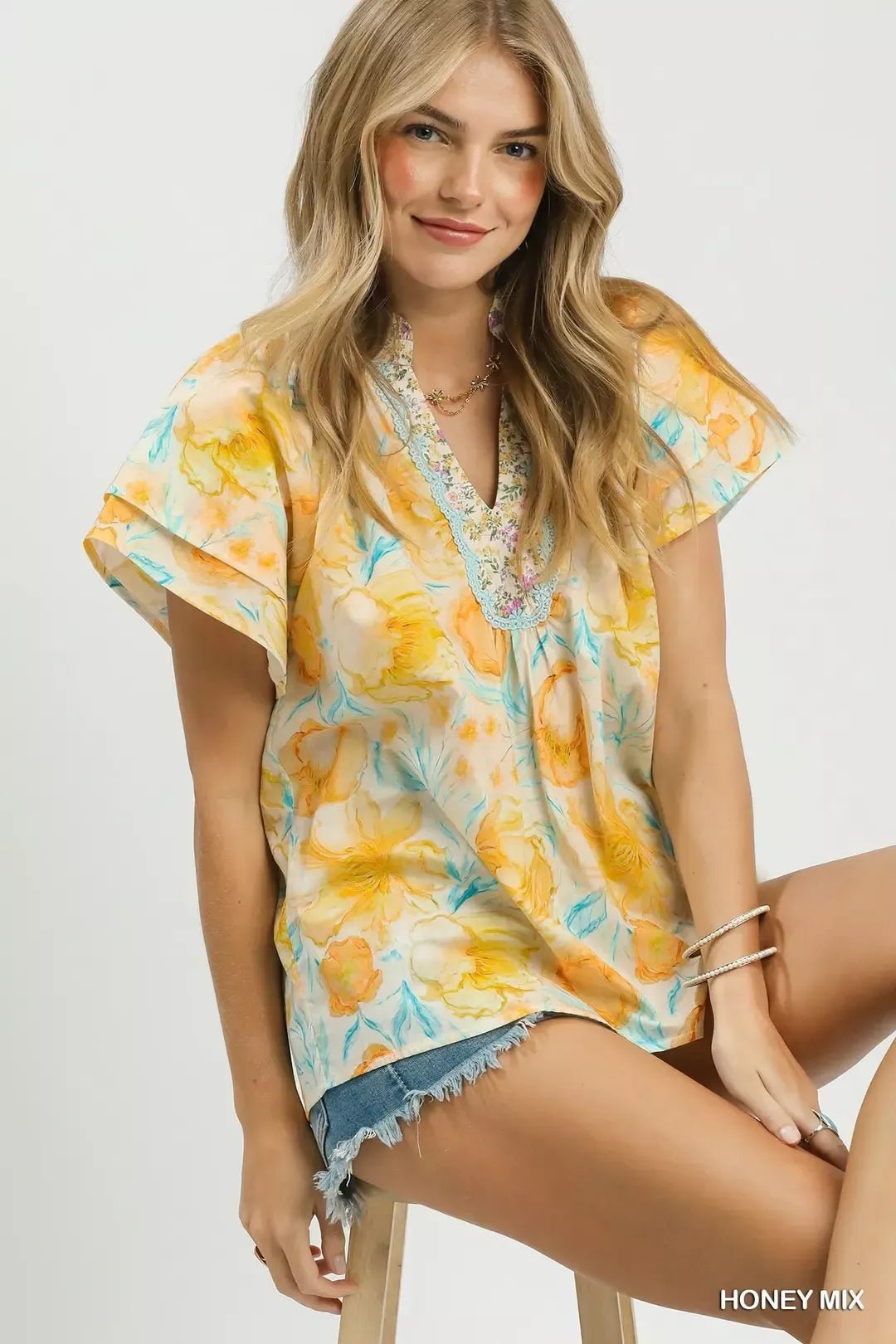 Umgee Mix Floral Print Blouse with Crochet Lace Trim - Bitsy Gypsy Boutique