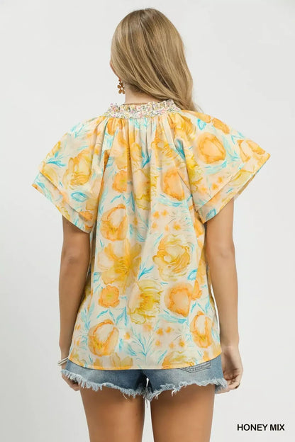 Umgee Mix Floral Print Blouse with Crochet Lace Trim - Bitsy Gypsy Boutique