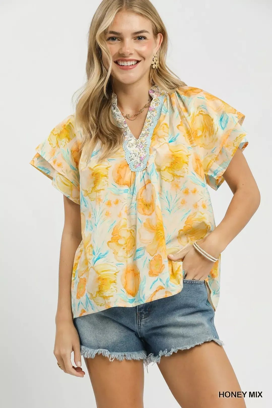Umgee Mix Floral Print Blouse with Crochet Lace Trim - Bitsy Gypsy Boutique