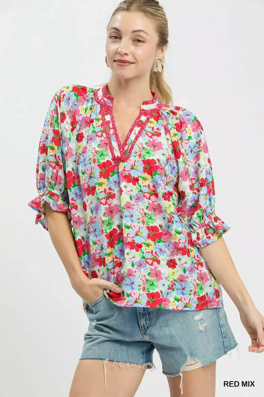 Umgee Mix Floral Print Ruffle Top - Bitsy Gypsy Boutique