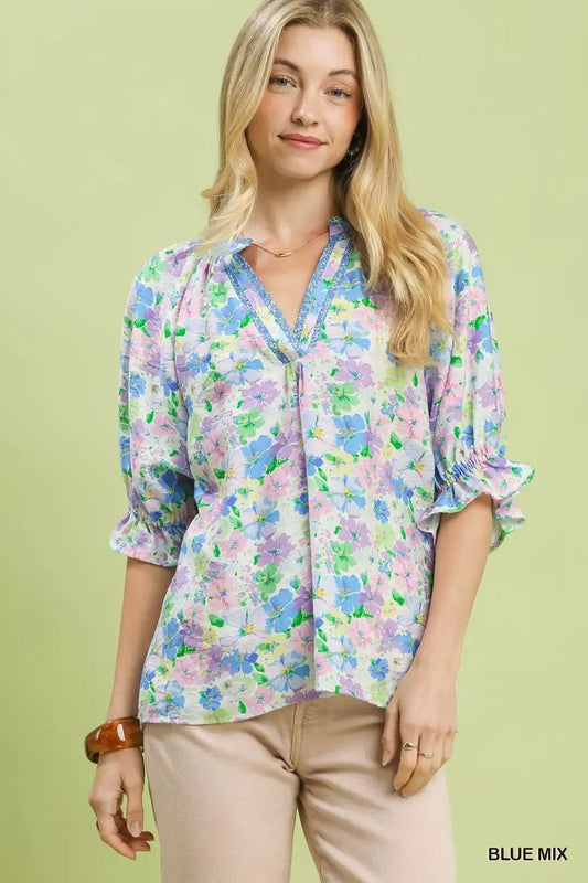 Umgee Mix Floral Print Ruffle Top - Bitsy Gypsy Boutique