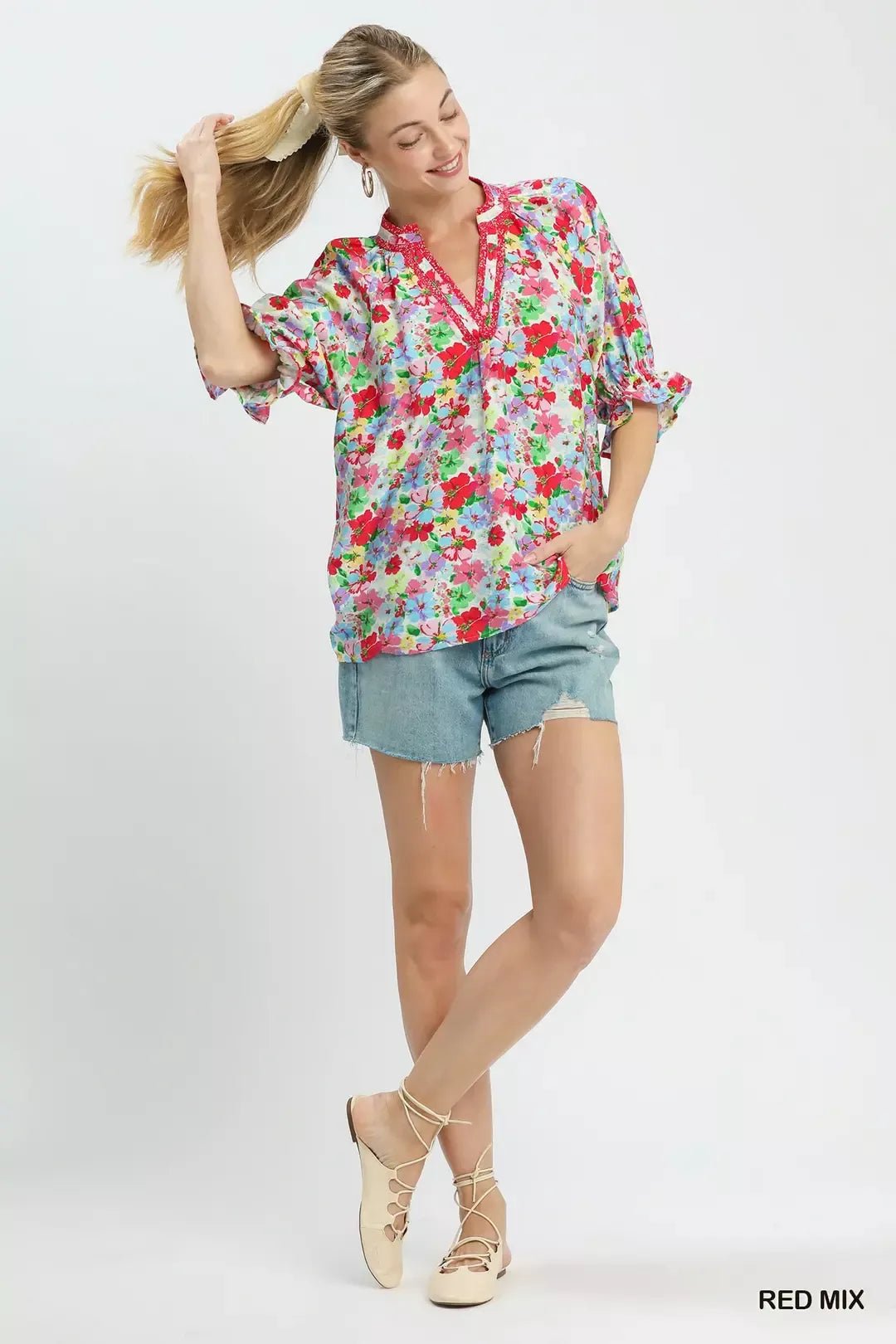 Umgee Mix Floral Print Ruffle Top - Bitsy Gypsy Boutique