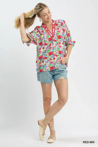 Umgee Mix Floral Print Ruffle Top - Bitsy Gypsy Boutique
