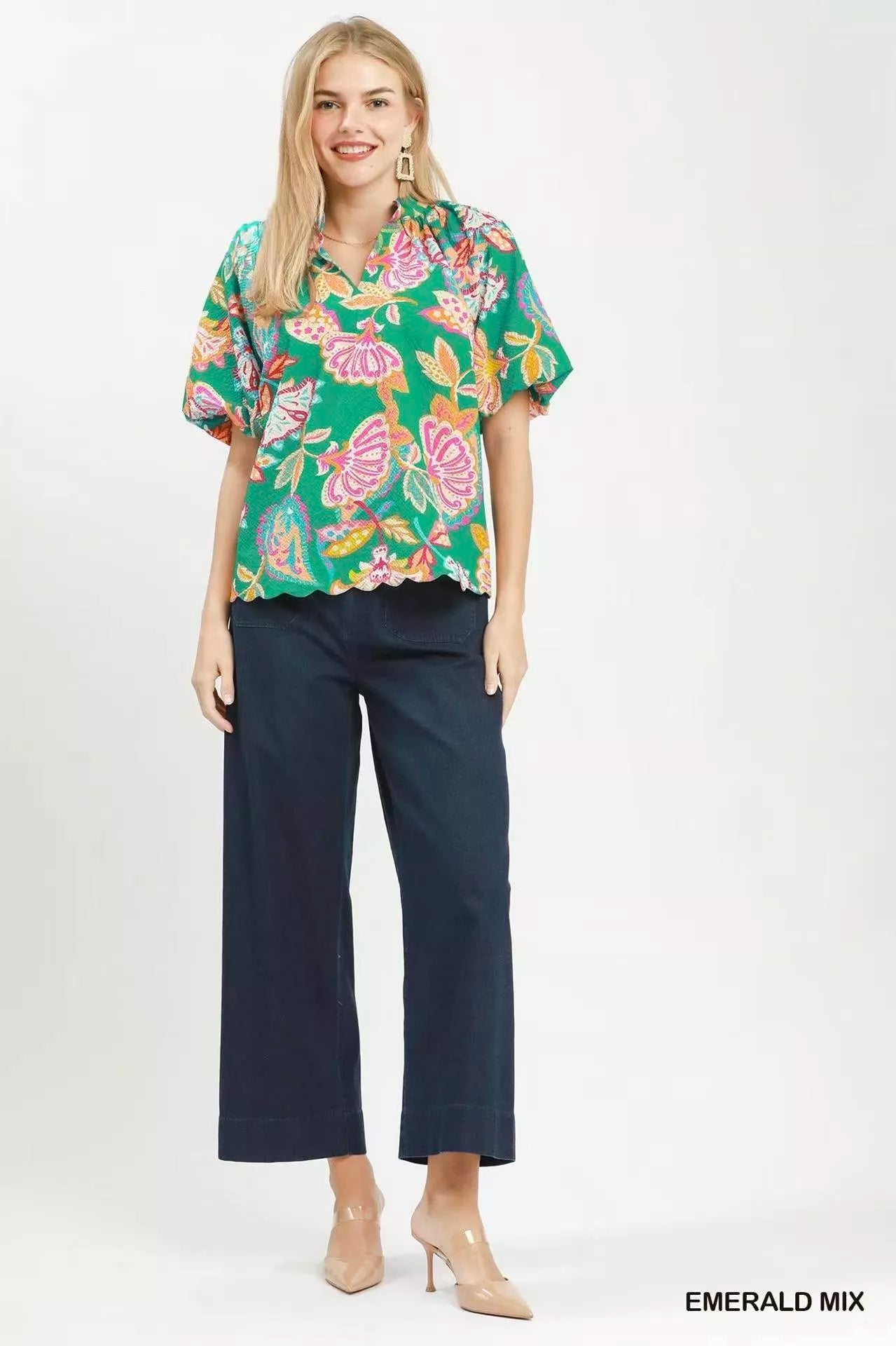 Umgee Mix Floral Print Scallop Hem Blouse - Bitsy Gypsy Boutique