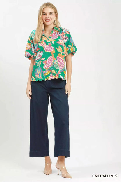 Umgee Mix Floral Print Scallop Hem Blouse - Bitsy Gypsy Boutique