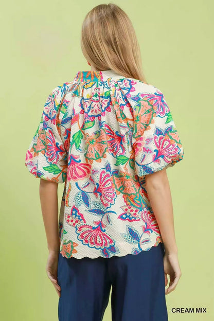 Umgee Mix Floral Print Scallop Hem Blouse - Bitsy Gypsy Boutique