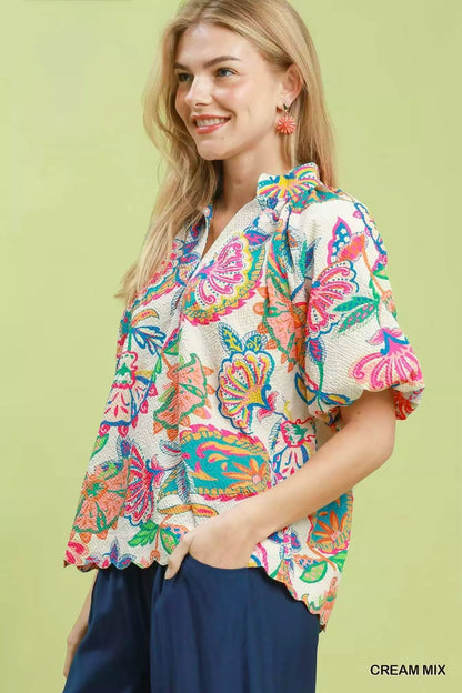 Umgee Mix Floral Print Scallop Hem Blouse - Bitsy Gypsy Boutique