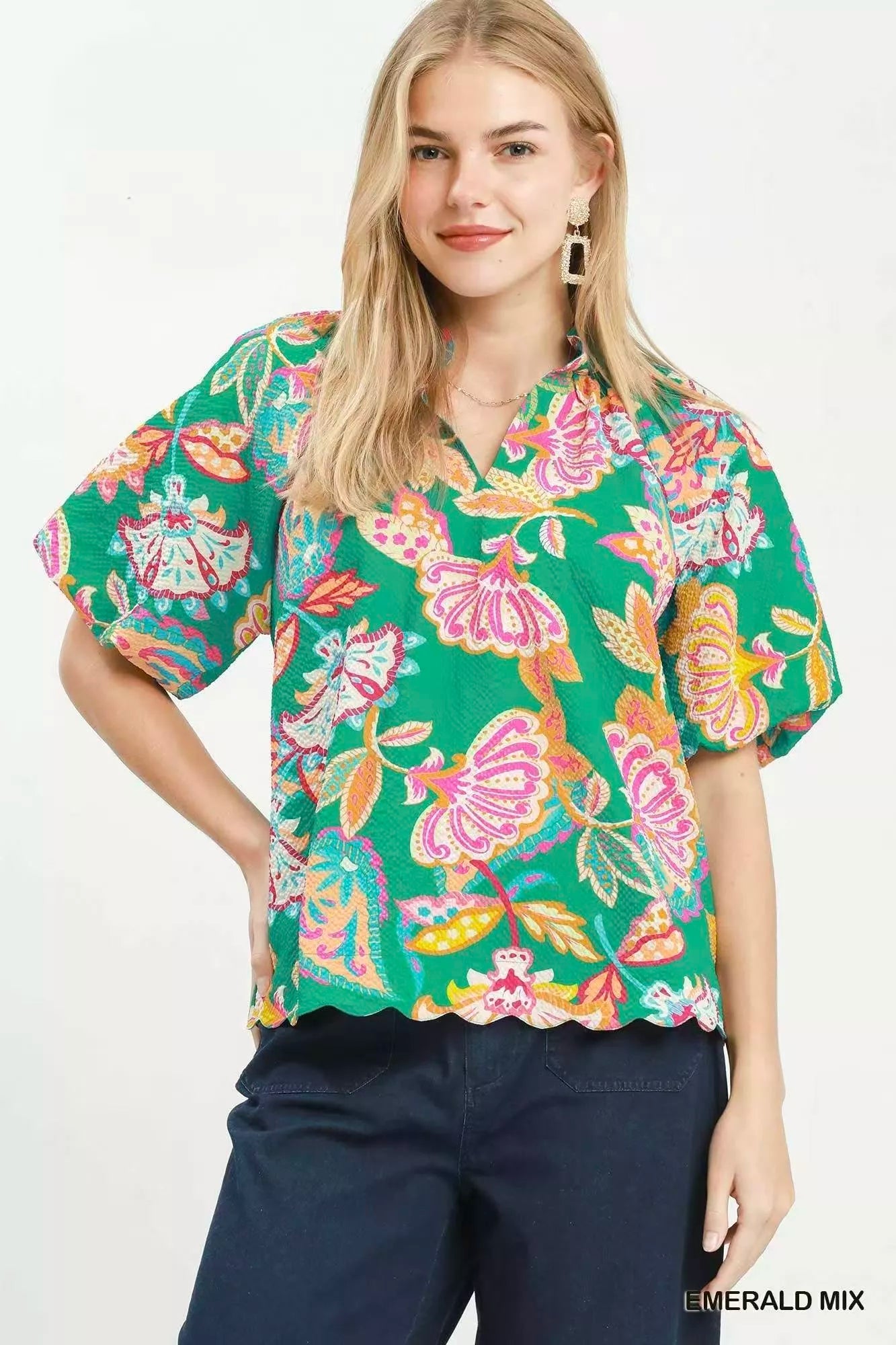 Umgee Mix Floral Print Scallop Hem Blouse - Bitsy Gypsy Boutique