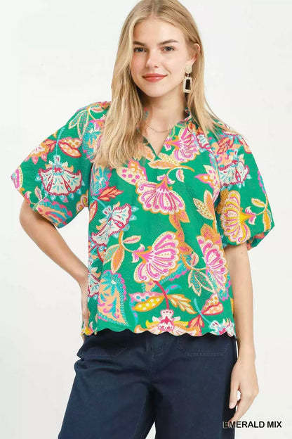 Umgee Mix Floral Print Scallop Hem Blouse - Bitsy Gypsy Boutique