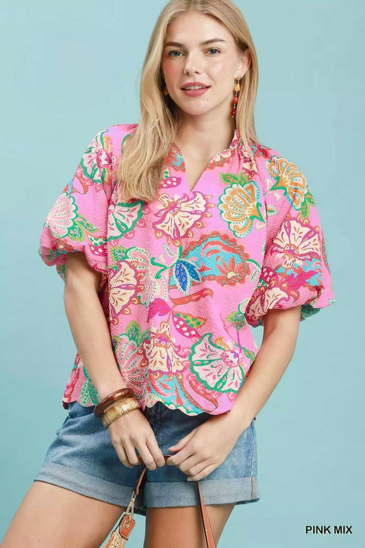 Umgee Mix Floral Print Scallop Hem Blouse - Bitsy Gypsy Boutique