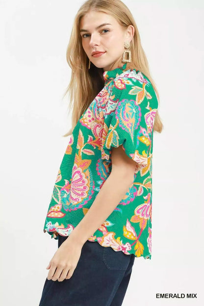 Umgee Mix Floral Print Scallop Hem Blouse - Bitsy Gypsy Boutique