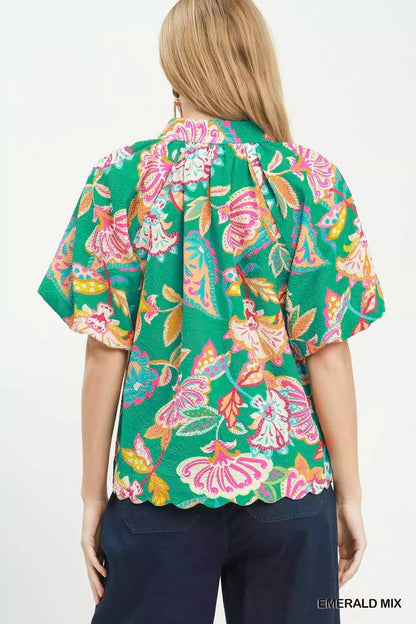 Umgee Mix Floral Print Scallop Hem Blouse - Bitsy Gypsy Boutique